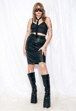 Vintage Skirt 80s Black Leather High Rise Midi