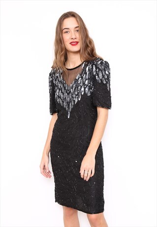 VINTAGE 80S BLACK SILK SEQUIN BEAD EMBELLISHED PARTY DRESS