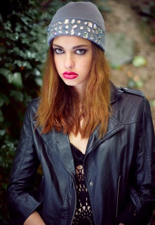 GREY BEANIE HAT, BEANIE HAT, EMBELLISHED HAT