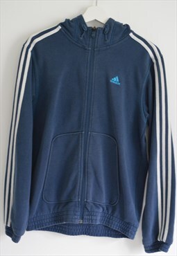 Vintage Adidas 3 Striped Blue Hoodie - Medium Size