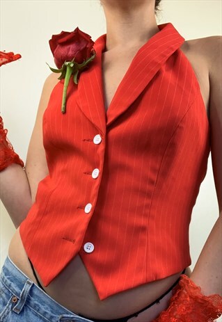 VINTAGE Y2K RED PINSTRIPE HALTER NECK WAIST COAT