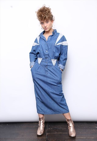VINTAGE 80S BLUE DENIM SNAKESKIN LONG SLEEVE MIDI DRESS