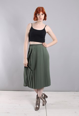 VINTAGE 80S OLIVE GREEN PLEATED SKIRT