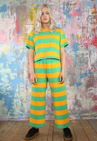 CROP PANTS & BOX TOP CO-ORDINATES IN GREEN N YELLOW STRIPES