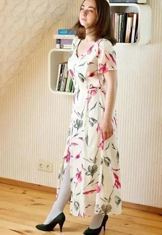 CREAM FLORAL MIDI VINTAGE DRESS WITH BELT