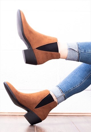 CUBAN HEEL CHELSEA ANKLE BOOTS IN TAN SUEDE STYLE - BOLOGNA