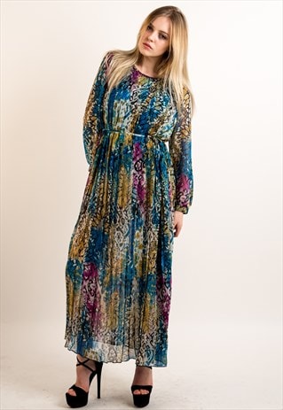 BLUE LEOPARD AND FLORAL PRINT FULL LENGTH PLEATED MAXI DRESS