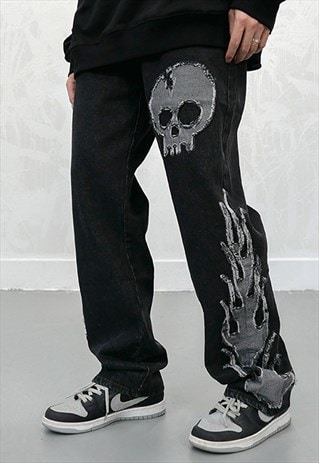 Black Skull embroidered Denim jeans pants trousers unisex | DEMOS ...