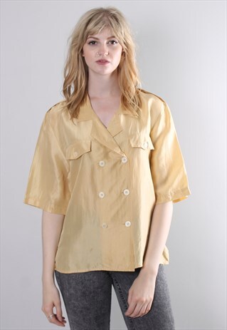VINTAGE 80S GOLD SILK DOUBLE BREASTED SHIRT BLOUSE TOP
