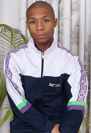 VINTAGE ASICS TAPE LOGO TRACK JACKET NAVY BLUE AND WHITE