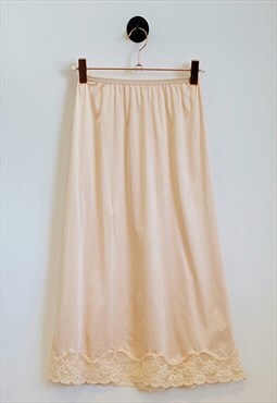 Vintage 80s Lace Trim Midi Slip Skirt Cream Nude
