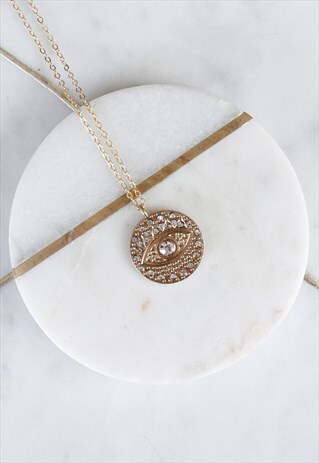 GOLD DIAMANTE EVIL EYE DAINTY CHARM CHAIN PENDANT NECKLACE