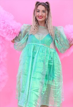 Green Iridescent Midi Dress with tulle Petticoat 