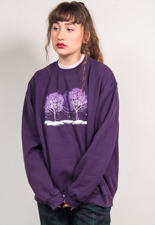 VINTAGE 90'S PURPLE SNOWY TREES PRINT OVERSIZED SWEATSHIRT