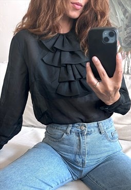 80s Black Ruffled Sheer Blouse / Top - Large 