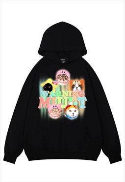 Kitten print hoodie psychedelic pullover cat top in black