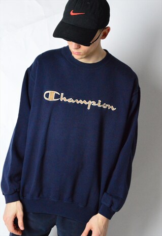 VINTAGE 90S NAVY BLUE EMBROIDERED CHAMPION SWEATSHIRT