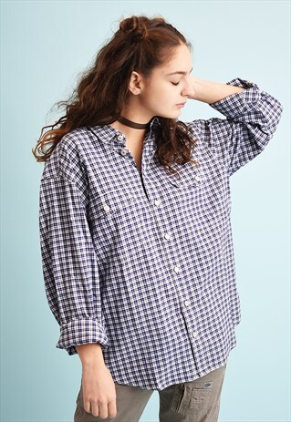 90'S RETRO CHECKED PRINT OVERSIZED SHIRT TOP
