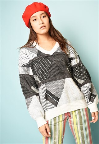 VINTAGE 80'S RETRO ABSTRACT PATTERN KNIT OVERSIZED JUMPER