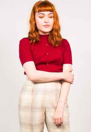 VINTAGE 70'S RED RIBBED KNIT HIGH NECK TOP