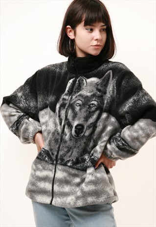 90S VINTAGE OLDSCHOOL WARM WOLFS PATTERN FLEECE JACKET 15084