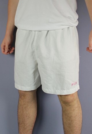 VINTAGE FILA SHORTS IN WHITE WITH POCKETS, EMBROIDERED LOGO