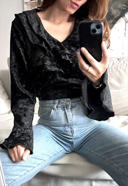 Ruffle Black Velvet Blouse / Top - XL