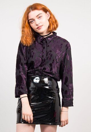 VINTAGE 90'S PURPLE VELVET PATTERN BURNOUT SHIRT BLOUSE
