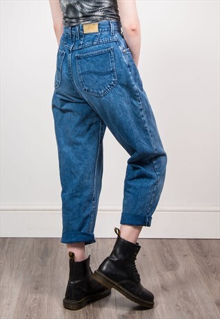 90'S LEE DARK BLUE DENIM HIGH WAIST RAW HEM MOM JEANS