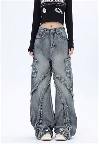 Shredded jeans cargo pocket denim pants distressed joggers