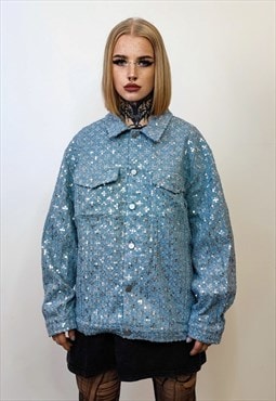 Embellished denim jacket embroidered denim bomber in blue