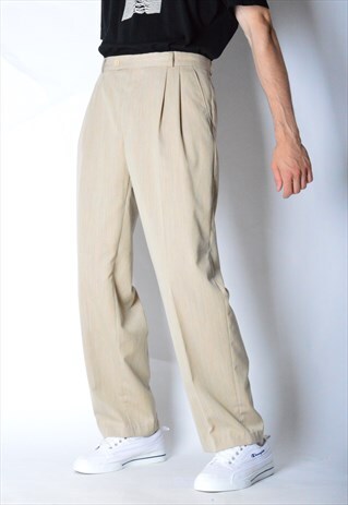 VINTAGE 90S BEIGE COLOURFUL PASTEL STRIPED WOOL BLEND PANTS