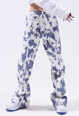 Abstract graffiti denim joggers tie-dye stretchy jeans blue