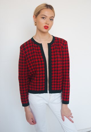 VINTAGE RED AND GREEN HOUNDS TOOTH CARDIGAN