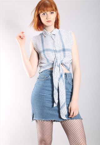 VINTAGE 80S BLUE CHECK SLEEVELESS TIE UP SHIRT CROP TOP