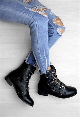 LISSY BLACK STUDDED BUCKLE ANKLE BOOTS