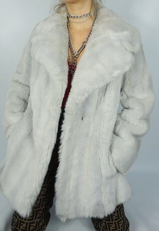 80S 70S VINTAGE FAUX FUR COAT HALLOWEEN GREY WHITE