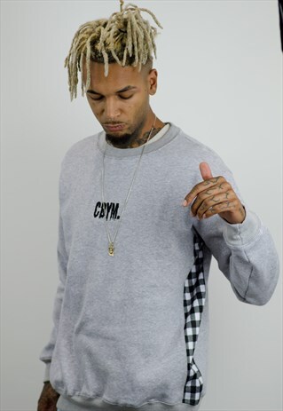 GREY EMBROIDERED SWEATSHIRT WITH GINGHAM SIDE PANEL