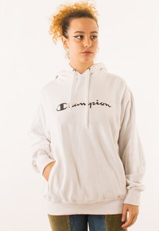 VINTAGE 90S WHITE CHAMPION SPELLOUT HOODIE PULLOVER