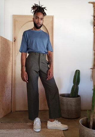 50S 60S MINIMALIST HIGH WAIST ARMY GREEN WOOL TROUSERS 28