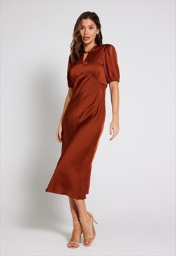 Celia Twist Neck Satin Slip Dress - Rust