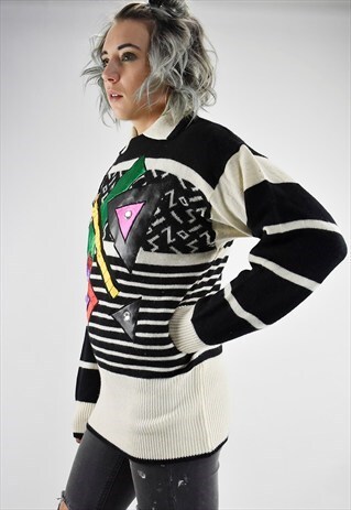 VINTAGE 80S CRAZY GEO EMBELLISHED JUMPER WITH COLLAR