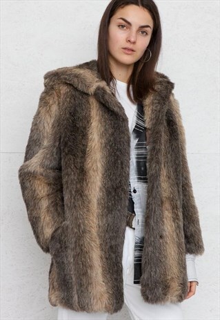 VINTAGE BROWN GREY FAUX FUR COAT