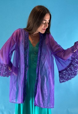 Vintage 1960s Purple Robe with Flounce Sleeves Lace Trim