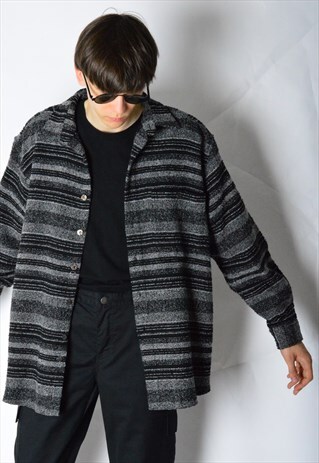 90S STRIPED GRUNGE THICK WOOL BLEND LONG SLEEVE SHIRT