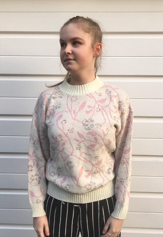 WOMENS VINTAGE 80S JUMPER CREAM PINK FLORAL PATTERNED KNIT