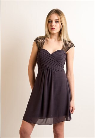 LACE SHOULDER CHIFFON SHORT DRESS (GREY)