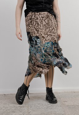 Vintage Y2k High Waisted Floral Layer Multicolor Midi Skirt 