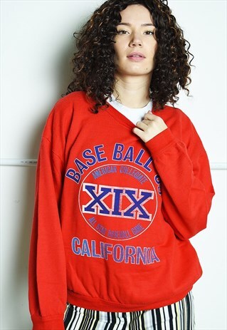 VINTAGE 80S SPORTS SLOGAN LOGO SWEATSHIRT JUMPER RED