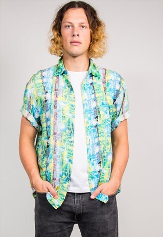 VINTAGE 90'S BRIGHT CRAZY PATTERN SHORT SLEEVE IBIZA SHIRT